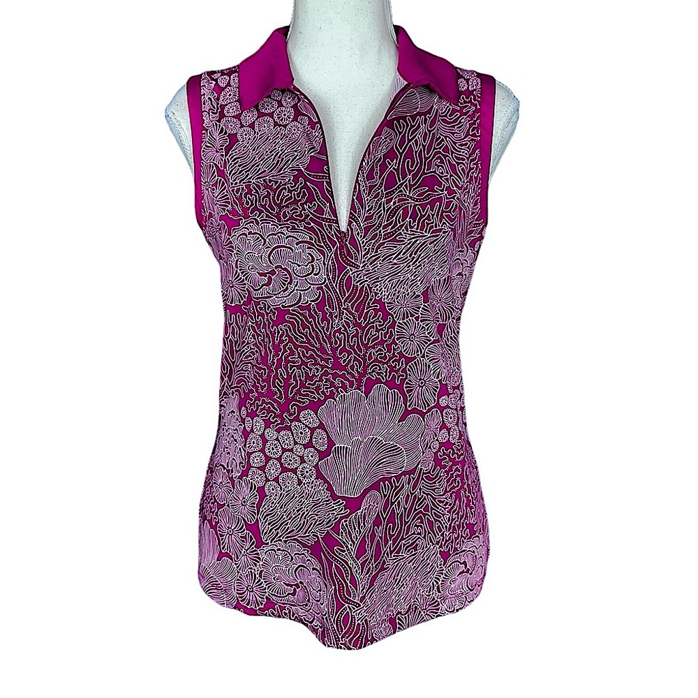 TOMMY BAHAMA: Golf & Tennis Sleeveless Tropical Coral Print Shirt -Size Small